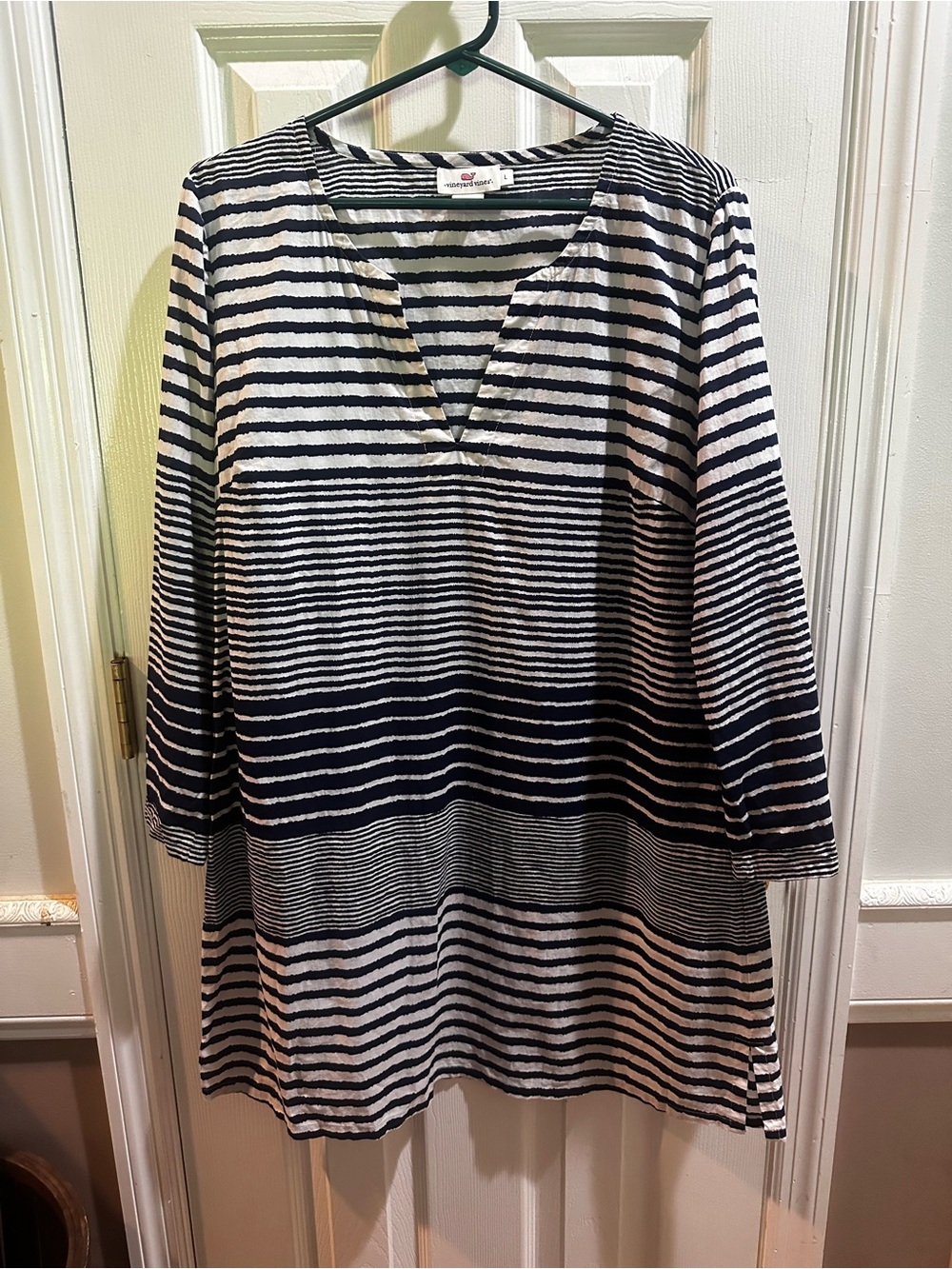 Vineyard Vines Tunic Coverup Navy White Stripes 3/4 Sleeves Nautical L